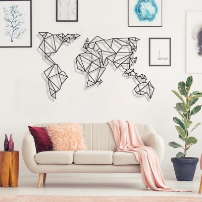 Dünya Haritası Geometrik Duvar Oda Ev Aksesuarı Metal Tablo 