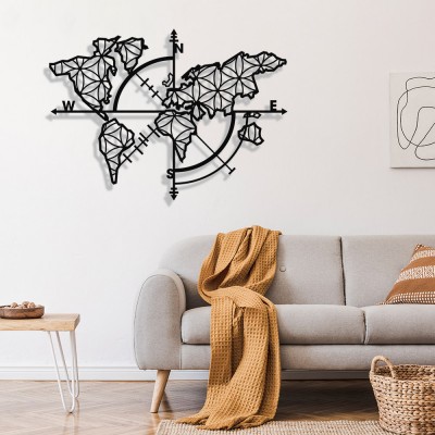 Dünya Haritası Pusula Yaşam Çiçeği Duvar Oda Ev Aksesuarı Metal Tablo 