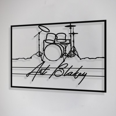 Jazz Müzik Davul ve Art Blakey Çerçeveli Tasarım Metal Tablosu 65x47cm