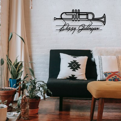 Jazz Müzik Saksafon ve Dizzy Gillespie Tasarım Metal Tablosu 65x31cm