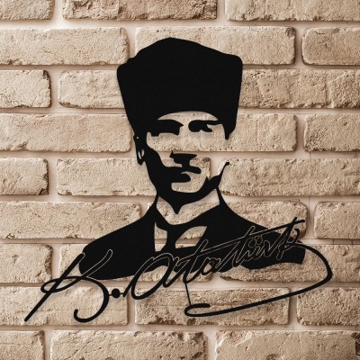 Kemal Atatürk Potresi Ve İmzası Metal Tablo Tasarım 50x47 Cm