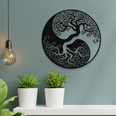 Siyah Ve Beyaz Yin Yang Ve Ağaç Figürü Simgesi Metal Dekoratif İç Mekan İçin Metal Tablo 50x50 Cm