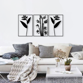 3 Parça Çiçek ve Sazlık Duvar Oda Ev Aksesuarı Metal Tablo 