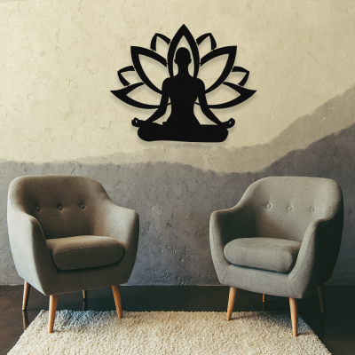 Yoga Yapan Kadın Ve Lotus Çiçeği Metal Dekoratif İç Mekan İçin Metal Tablo 50x40 Cm