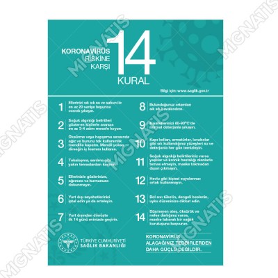 Koranavirüs Riskine Karşı 14 Kural Mavi Zemin Yazısı Afişi Stickerı