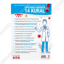 Koranavirüs Riskine Karşı 14 Kural Mavi Zemin Yazısı Kızılay Afişi Stickerı