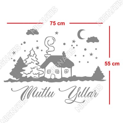 Kar Yağmış Ağaçlar İçinde Sevimli Ev ve Mutlu Yıllar Yazısı Yılbaşı Süslemeleri