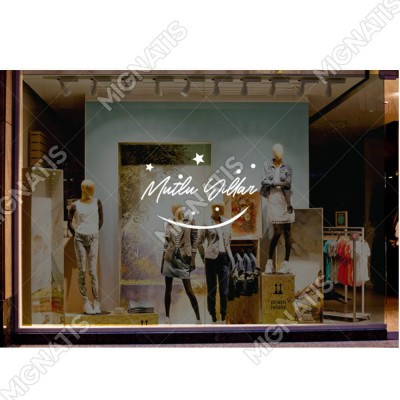 Mutlu Yıllar Yazısı ve Gülücük İşareti Simgesi Yılbaşı Cam Vitrin Mağaza Süslemeleri Mutlu Yıllar Yazısı ve Gülücük İşareti Simgesi Yılbaşı Cam Vitrin Mağaza Süslemeleri