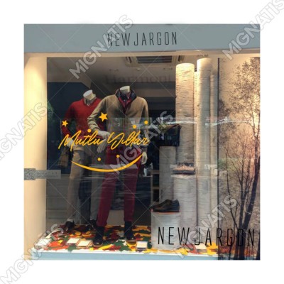 Mutlu Yıllar Yazısı ve Gülücük İşareti Simgesi Yılbaşı Cam Vitrin Mağaza Süslemeleri Mutlu Yıllar Yazısı ve Gülücük İşareti Simgesi Yılbaşı Cam Vitrin Mağaza Süslemeleri