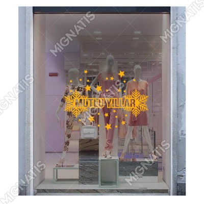 Mutlu Yıllar Yazısı ve Küçüklü Büyüklü Kar Taneleri Yılbaşı Süslemeleri