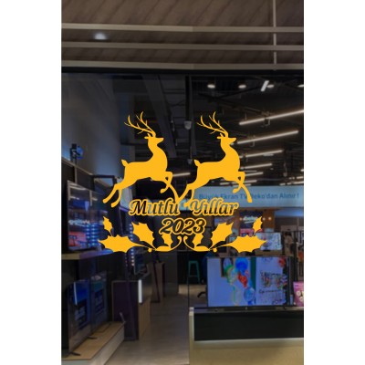 Sevimli Geyikler ve Mutlu Yıllar 2023 Yılbaşı Süslemeleri108x83cm