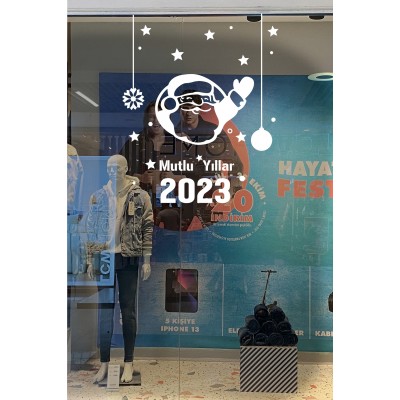 Yılbaşı Süslemeleri Yıldız ve El Sallayan Noel Baba Sticker 101x84cm