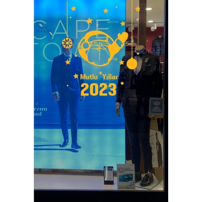 Yılbaşı Süslemeleri Yıldız ve El Sallayan Noel Baba Sticker 101x84cm