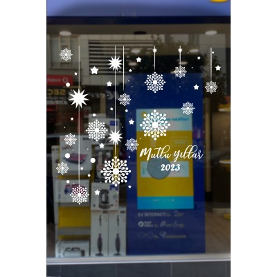 Yılbaşı Süslemeleri Mutlu Yıllar Kar Taneleri Vitrin Çıkartması 76x115 cm