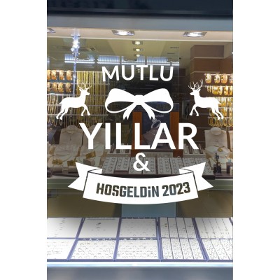 Yılbaşı Süslemeleri Mutlu Yıllar Geyikli Kurdelalı Sticker