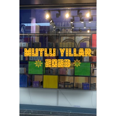 Yılbaşı Süslemeleri Kar Taneleri ve Yıldızlı Mutlu Yıllar Yazısı Sticker