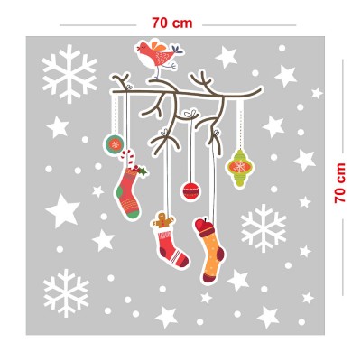 Yılbaşı Ağacı Dalından Sallanan Çoraplar Yılbaşı Vitrin Süslemeleri Sticker Ve Yapıştırma 70x70cm