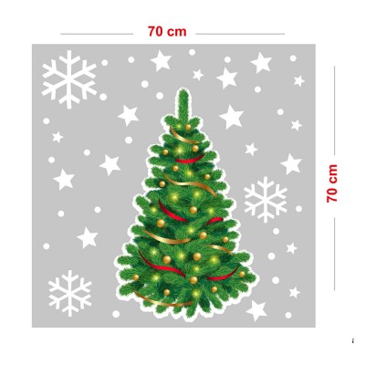Yılbaşı Ağacı Kar Taneleri Süslemeli Yılbaşı Vitrin Sticker  Yapıştırma 70x70cm