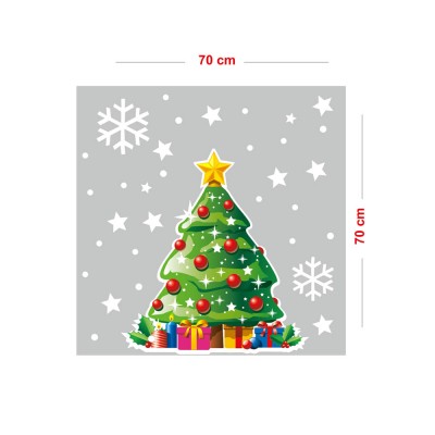 Yılbaşı Ağacı ve Kar Taneleri Vitrin Sticker Yapıştırma 70x70cm