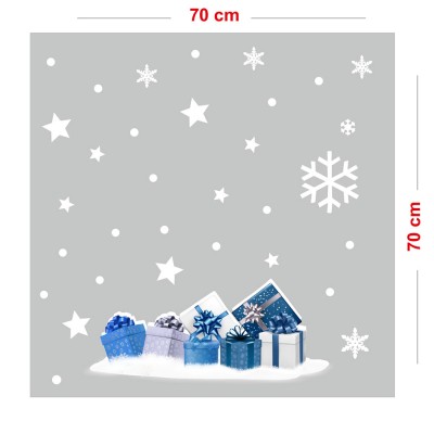 Yılbaşı Hediye Paketleri Süsü ve Kar Taneleri Vitrin Sticker Yapıştırma 70x70cm