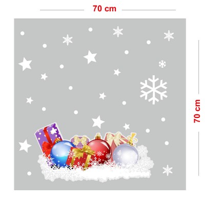 Yılbaşı Topları ve Hediye Paketleri Kar Taneleri Vitrin Sticker Yapıştırma 70x70cm Yılbaşı Topları ve Hediye Paketleri Kar Taneleri Vitrin Sticker Yapıştırma 70x70cm