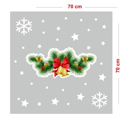 Yılbaşı Zilli Çam Ağacı Dalı ve Kar Taneleri Vitrin Sticker Yapıştırma 70x70cm