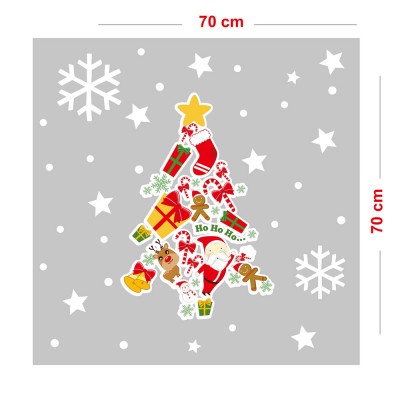 Yıldızlı Yılbaşı Ağacı ve Kar Taneleri Vitrin Sticker Yapıştırma 70x70cm