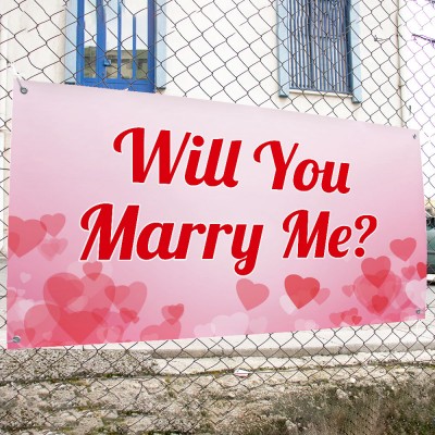Evlilik Teklifi Will You Marry Me? Pembe Kalpli Afiş Pankart