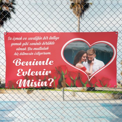 Resimli Gül Desenli Evlilik Teklifi Afişi Pankartı / Benimle Evlenir Misin? 