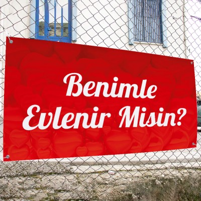 Kırmızı Kalpli Evlilik Teklifi Afişi Pankartı Benimle Evlenir Misin