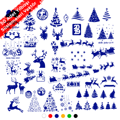 Yılbaşı Süslemeleri Geyik Yıldız Kar Tanesi 2019 Çam 50 Adet Sticker CDR Dosyası İndir Yükle